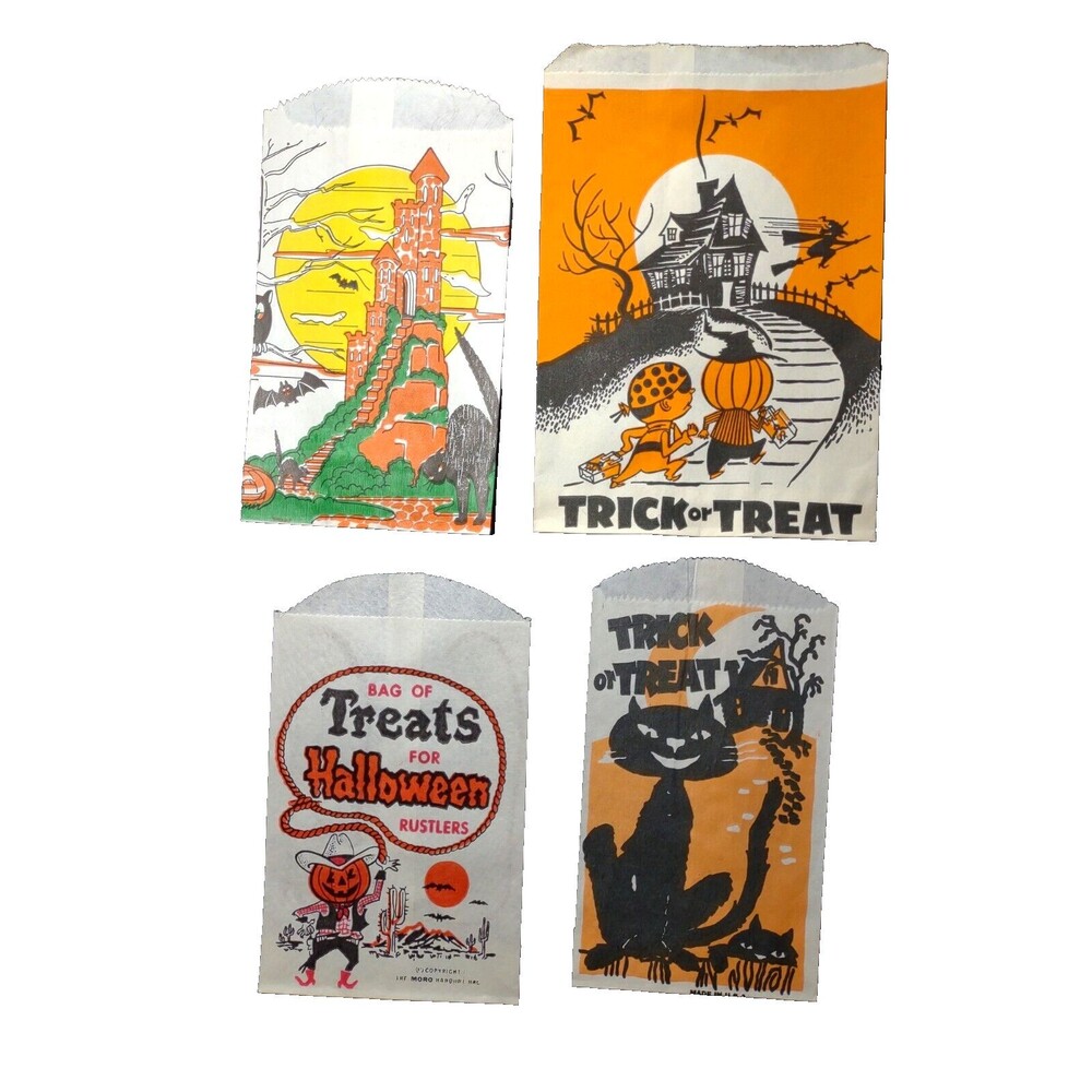 Vintage Halloween Treat Candy Goodie Bags Haunted Castle Cowboy Goblin Black Cat